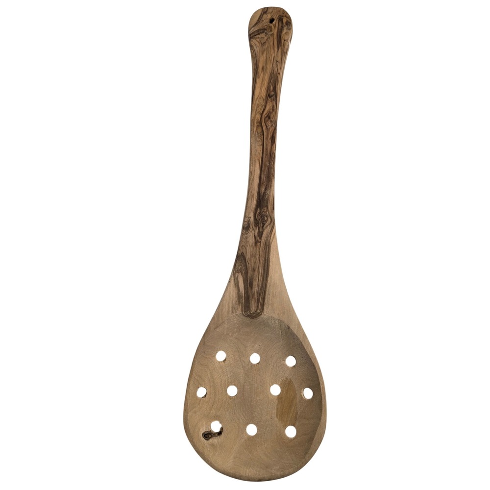 Handcrafted Olive Wood Slotted Spoon Rustic Wooden Kitchen Strainer Utensil 12in